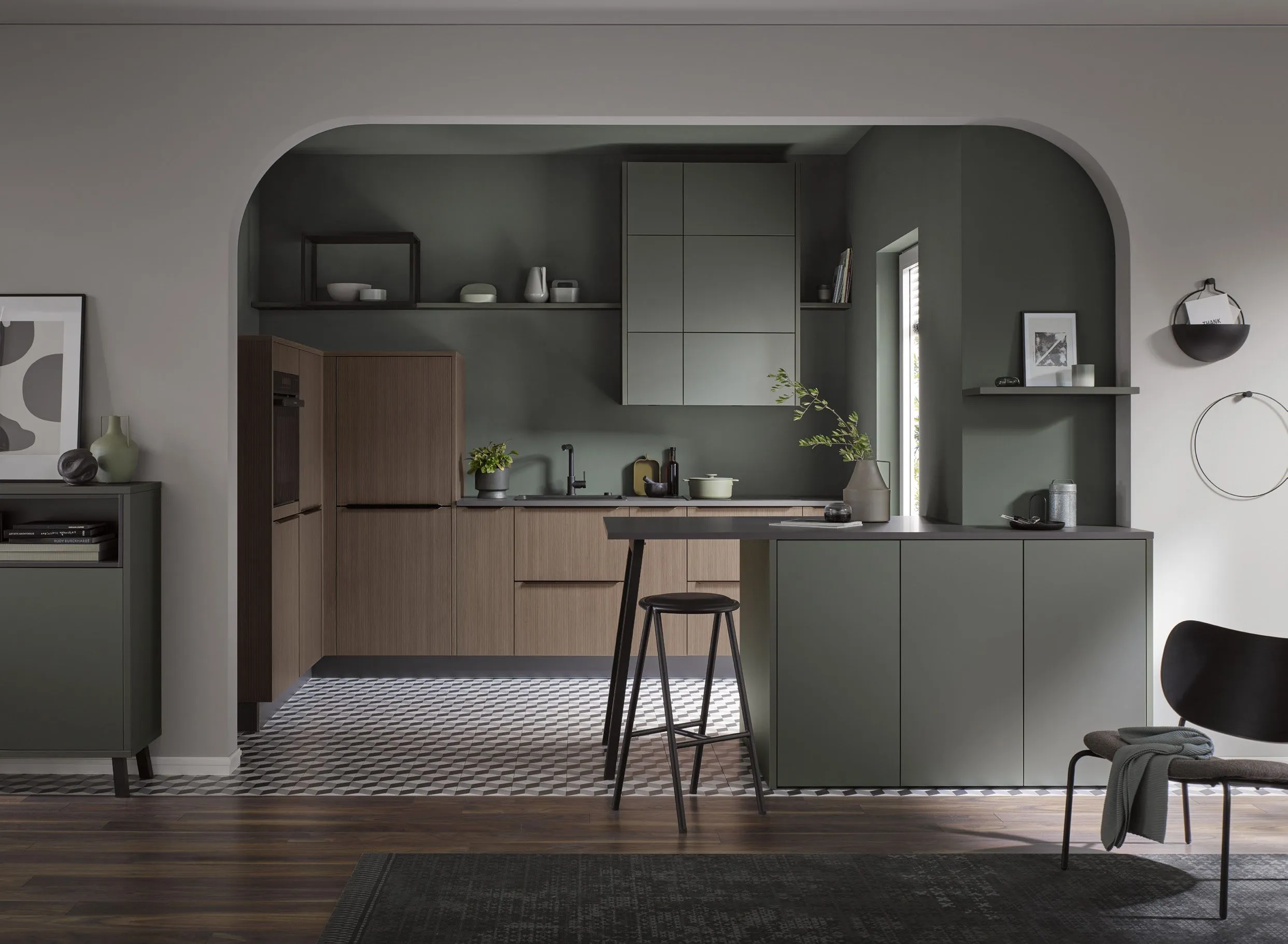 Häcker Concept 130 — arched larder moss green